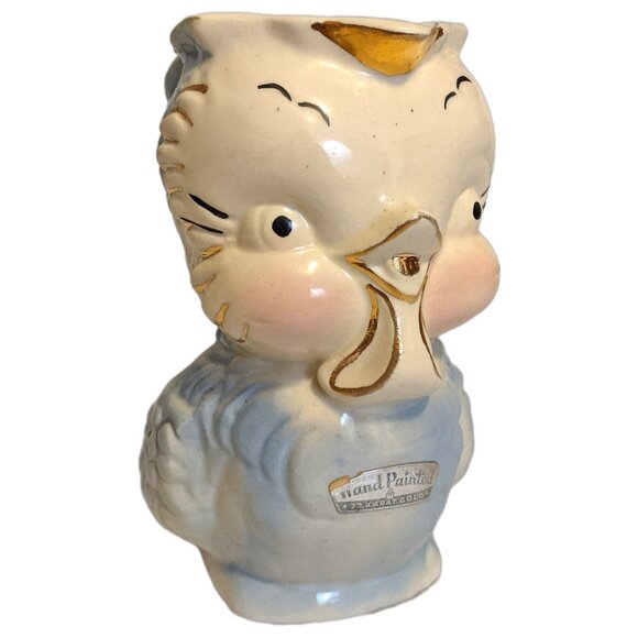 Vintage Shawnee Pottery Blue Chick Vase w Handle & Gold Accents Retro Whimsical - Picture 2 of 8